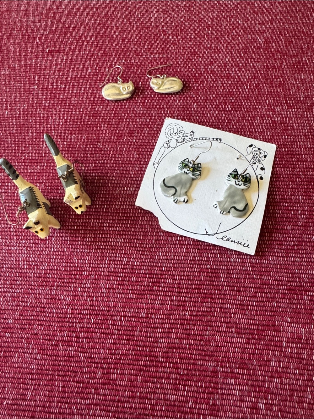 Three pairs of Cat Earrings - two handmade (wood and enamel) one silver plate